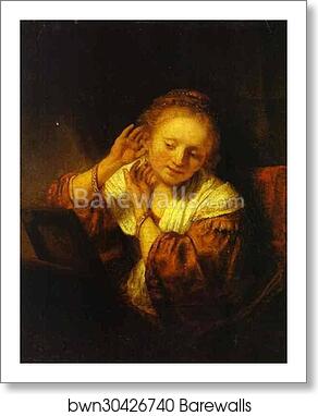 A Young Woman Trying on Earings by Rembrandt Harmenszoon Van Rijn, Art Print