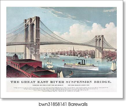 The great East River suspension bridge.  Connecting the cities of New York and Brooklyn. View from Brooklyn, looking west by Currier & Ives, Art Print