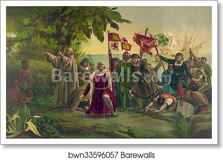First landing of Columbus on the shores of the New World, at San Salvador, W.I., Oct. 12th 1492 by Currier & Ives, Art Print