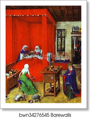 The Birth of John the Baptist (miniature from the Très Belles Heures de Notre-Dame) by Jan Van Eyck, Art Print