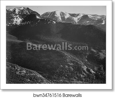 View of wooded hills with mountains in background, "In Rocky Mountain National Park," Colorado. Photographs of National Parks and Monuments, compiled 1941 - 1942, documenting the period ca. 1933 - 1942 by Ansel Adams (1902-1984), Art Print View of wooded hills with mountains in background, "In Rocky Mountain National Park," Colorado. Photographs of National Parks and Monuments, compiled 1941 - 1942, documenting the period ca. 1933 - 1942 by Ansel Adams (1902-1984), Art Print