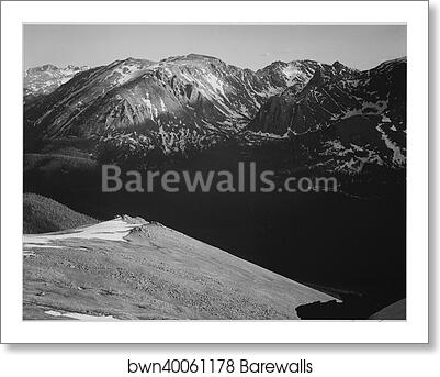 In Rocky Mountain National Park, Colorado, panorama of barren mountains and shadowed valley. Photographs of National Parks and Monuments, compiled 1941 - 1942, documenting the period ca. 1933 - 1942 by Ansel Adams (1902-1984), Art Print In Rocky Mountain National Park, Colorado, panorama of barren mountains and shadowed valley. Photographs of National Parks and Monuments, compiled 1941 - 1942, documenting the period ca. 1933 - 1942 by Ansel Adams (1902-1984), Art Print