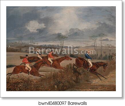 Scenes from a steeplechase: Taking a Hedge by Henry Thomas Alken, Art Print