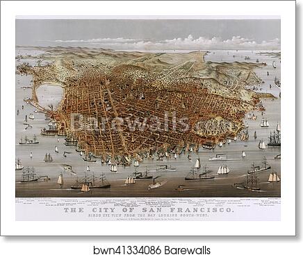 Color lithograph of the City of San Francisco. Birds eye view from the bay looking south-west. Panoramic view of San Francisco, California, with the San Francisco Bay in the foreground and the Pacific Ocean in the background by Currier & Ives, Art Print
