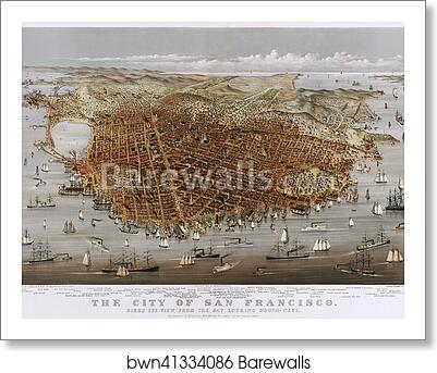 Color lithograph of the City of San Francisco. Birds eye view from the bay looking south-west. Panoramic view of San Francisco, California, with the San Francisco Bay in the foreground and the Pacific Ocean in the background by Currier & Ives, Art Print Color lithograph of the City of San Francisco. Birds eye view from the bay looking south-west. Panoramic view of San Francisco, California, with the San Francisco Bay in the foreground and the Pacific Ocean in the background by Currier & Ives, Art Print