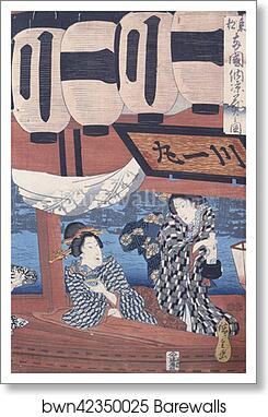 Enjoying the fireworks and the cool of the evening at Ryogoku bridge in the Eastern Capital by Utagawa Hiroshige, Art Print