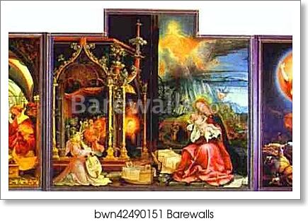 The Annunciation; Virgin and Child with Angels; The Resurrection (view with the open wings) by Matthias Grünewald, Art Print The Annunciation; Virgin and Child with Angels; The Resurrection (view with the open wings) by Matthias Grünewald, Art Print