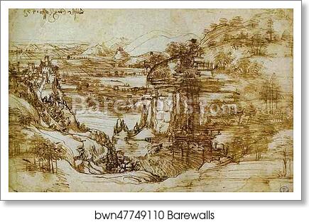 Arno Landscape by Leonardo Da Vinci, Art Print
