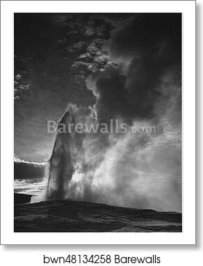 Taken at dusk or dawn from various angles during eruption. "Old Faithful Geyser, Yellowstone National Park," Wyoming. (vertical orientation).  Photographs of National Parks and Monuments, compiled 1941 - 1942, documenting the period ca. 1933 - 1942 by Ansel Adams (1902-1984), Art Print