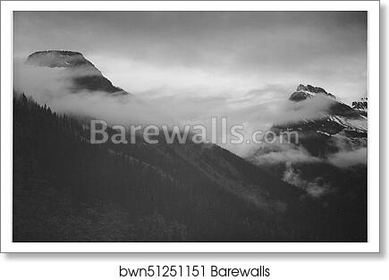 Mountain partially covered with clouds, "In Glacier National Park," Montana.  Photographs of National Parks and Monuments, compiled 1941 - 1942, documenting the period ca. 1933 - 1942 by Ansel Adams (1902-1984), Art Print