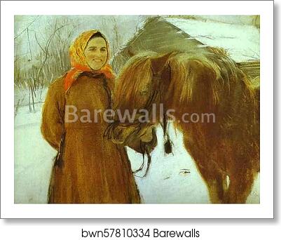In a Village. Peasant Woman with a Horse by Valentin Serov, Art Print In a Village. Peasant Woman with a Horse by Valentin Serov, Art Print