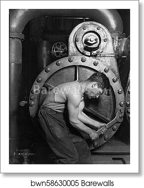 Power house mechanic working on steam pump.  by Lewis Hine, Art Print