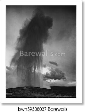 Taken at dusk or dawn from various angles during eruption. "Old Faithful Geyser, Yellowstone National Park," Wyoming. (vertical orientation).  Photographs of National Parks and Monuments, compiled 1941 - 1942, documenting the period ca. 1933 - 1942 by Ansel Adams (1902-1984), Art Print