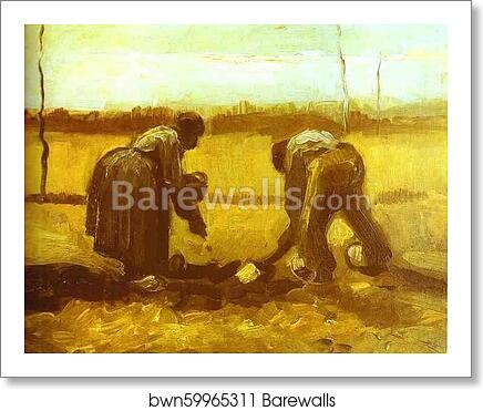 Peasant Man and Woman Planting Potatoes by Vincent Van Gogh, Art Print
