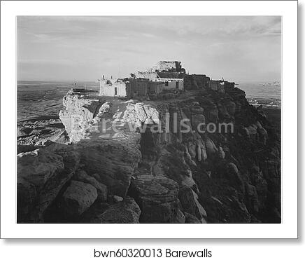 Full view of the city on top of mountain, "Walpi, Arizona, 1941.".  Photographs of National Parks and Monuments, compiled 1941 - 1942, documenting the period ca. 1933 - 1942 by Ansel Adams (1902-1984), Art Print