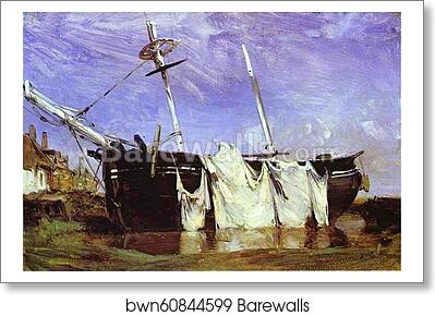 A Boat Beached in a Port at Low Tide by Richard Parkes Bonington, Art Print A Boat Beached in a Port at Low Tide by Richard Parkes Bonington, Art Print