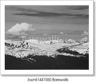 View at timberline, dark foreground, light snow capped mountain, gray sky, "Rocky Mountain National Park. Never Summer Range,"Colorado.  Photographs of National Parks and Monuments, compiled 1941 - 1942, documenting the period ca. 1933 - 1942 by Ansel Adams (1902-1984), Art Print View at timberline, dark foreground, light snow capped mountain, gray sky, "Rocky Mountain National Park. Never Summer Range,"Colorado.  Photographs of National Parks and Monuments, compiled 1941 - 1942, documenting the period ca. 1933 - 1942 by Ansel Adams (1902-1984), Art Print
