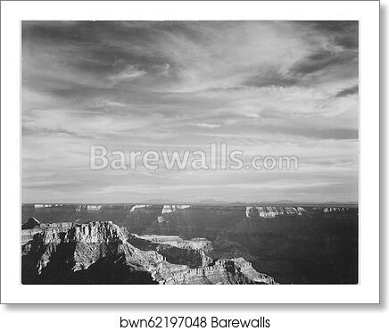 View of canyon in foreground, horizon, mountains and clouded sky, from" North Rim, 1941," " Grand Canyon National Park," Arizona.  Photographs of National Parks and Monuments, compiled 1941 - 1942, documenting the period ca. 1933 - 1942 by Ansel Adams (1902-1984), Art Print