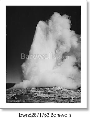 Taken at dusk or dawn from various angles during eruption. "Old Faithful Geyser, Yellowstone National Park," Wyoming. (vertical orientation).  Photographs of National Parks and Monuments, compiled 1941 - 1942, documenting the period ca. 1933 - 1942 by Ansel Adams (1902-1984), Art Print