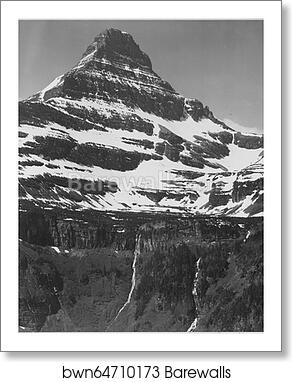 Full view of snow covered mountain, including area below timberline, "In Glacier National Park," Montana. (Vertical Orientation).  Photographs of National Parks and Monuments, compiled 1941 - 1942, documenting the period ca. 1933 - 1942 by Ansel Adams (1902-1984), Art Print