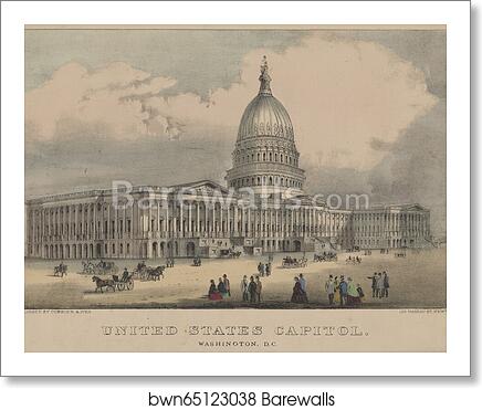 United States Capitol, Washington, D.C. Print shows the east front of the U.S. Capitol as seen from the south-east, with pedestrians and horsedrawn carriages on plaza in front by Currier & Ives, Art Print