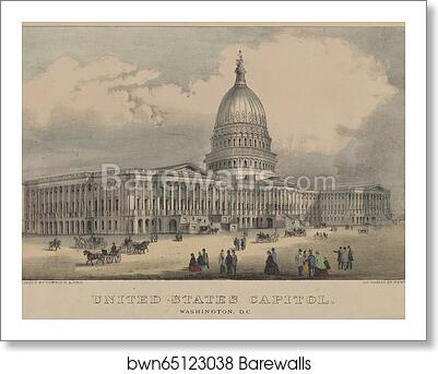United States Capitol, Washington, D.C. Print shows the east front of the U.S. Capitol as seen from the south-east, with pedestrians and horsedrawn carriages on plaza in front by Currier & Ives, Art Print United States Capitol, Washington, D.C. Print shows the east front of the U.S. Capitol as seen from the south-east, with pedestrians and horsedrawn carriages on plaza in front by Currier & Ives, Art Print