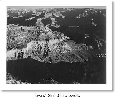 View, dark shadows in foreground and right, framing cliffs at left and center, "Grand Canyon National Park," Arizona.  Photographs of National Parks and Monuments, compiled 1941 - 1942, documenting the period ca. 1933 - 1942 by Ansel Adams (1902-1984), Art Print