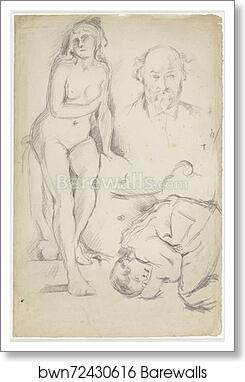 Studies of Three Figures, Including a Self-portrait by Paul Cézanne, Art Print