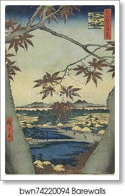The maple leaves of Mama, Tekona shrine and Tsugi bridge by Utagawa Hiroshige, Art Print