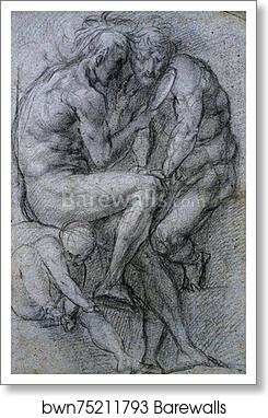 Two Male Figures Looking in a Mirror and a Putto by Jacopo Carrucci, Known As Pontormo, Art Print