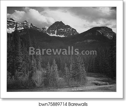 Stream in foreground, with view of trees and snow on mountains. "Mountains - Northeast Portion, Yellowstone National Park," Wyoming.  Photographs of National Parks and Monuments, compiled 1941 - 1942, documenting the period ca. 1933 - 1942 by Ansel Adams (1902-1984), Art Print