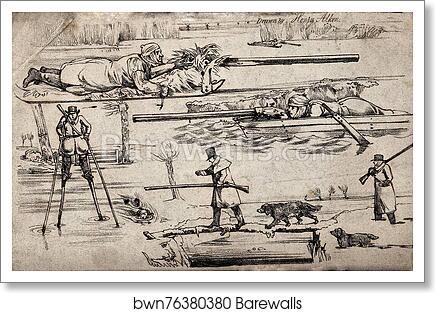 Four different ways of dealing with water during a hunt: a hunter lying on ice, a hunter hiding in a boat, a hunter on stilts and a hunter using a pole as a bridge.
 by Henry Thomas Alken, Art Print