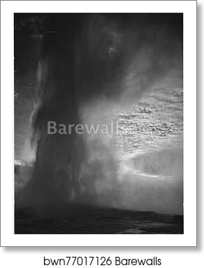 Taken at dusk or dawn from various angles during eruption. "Old Faithful Geyser, Yellowstone National Park," Wyoming. (vertical orientation).  Photographs of National Parks and Monuments, compiled 1941 - 1942, documenting the period ca. 1933 - 1942 by Ansel Adams (1902-1984), Art Print Taken at dusk or dawn from various angles during eruption. "Old Faithful Geyser, Yellowstone National Park," Wyoming. (vertical orientation).  Photographs of National Parks and Monuments, compiled 1941 - 1942, documenting the period ca. 1933 - 1942 by Ansel Adams (1902-1984), Art Print
