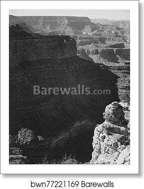 View of darkly shadowed canyon at left and center, from the "South Rim, 1941, Grand Canyon National Park," Arizona. (vertical orientation).  Photographs of National Parks and Monuments, compiled 1941 - 1942, documenting the period ca. 1933 - 1942 by Ansel Adams (1902-1984), Art Print