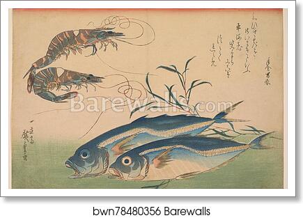 Horse Mackerel (Aji) with Shrimp or Prawn, with inscription by Utagawa Hiroshige, Art Print