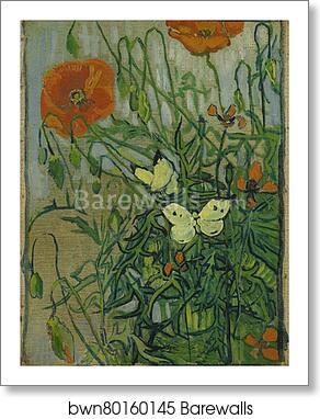 Butterflies and poppies by Vincent Van Gogh, Art Print