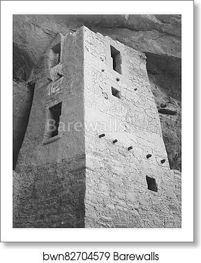 View of tower, taken from above, "Cliff Palace, Mesa Verde National Park," Colorado. (Vertical Orientation).  Photographs of National Parks and Monuments, compiled 1941 - 1942, documenting the period ca. 1933 - 1942 by Ansel Adams (1902-1984), Art Print