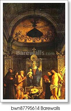 Madonna and Child, Three Musical Angels, and SS. Francis, John the Baptist, Job, Dominic, Sebastian, and Louis of Toulouse, known as the St. Job (Giobbe) Altarpiece by Giovanni Bellini, Art Print