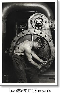 Power house mechanic working on steam pump.  by Lewis Hine, Art Print