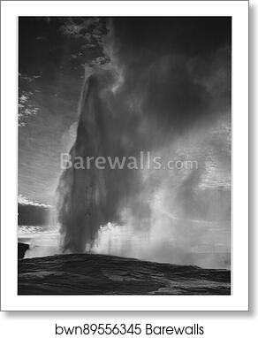 Taken at dusk or dawn from various angles during eruption. "Old Faithful Geyser, Yellowstone National Park," Wyoming. (vertical orientation).  Photographs of National Parks and Monuments, compiled 1941 - 1942, documenting the period ca. 1933 - 1942 by Ansel Adams (1902-1984), Art Print