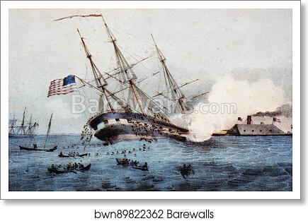 The sinking of the "Cumberland" by the iron clad "Merrimac", off Newport News Va. March 8th 1862 by Currier & Ives, Art Print