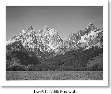 Grassy valley, tree covered mountain side and snow covered peaks, Grand "Teton National Park", Wyoming.  Photographs of National Parks and Monuments, compiled 1941 - 1942, documenting the period ca. 1933 - 1942 by Ansel Adams (1902-1984), Art Print