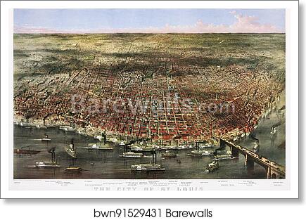 Color lithograph of the City of St. Louis. Bird's-eye view of St. Louis, Missouri, as seen from above the Mississippi River; prominent features identified below the image by Currier & Ives, Art Print