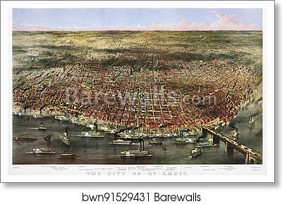 Color lithograph of the City of St. Louis. Bird's-eye view of St. Louis, Missouri, as seen from above the Mississippi River; prominent features identified below the image by Currier & Ives, Art Print Color lithograph of the City of St. Louis. Bird's-eye view of St. Louis, Missouri, as seen from above the Mississippi River; prominent features identified below the image by Currier & Ives, Art Print