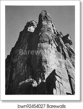 Rock formation, from below, "In Zion National Park," Utah. (Vertical orientation).  Photographs of National Parks and Monuments, compiled 1941 - 1942, documenting the period ca. 1933 - 1942 by Ansel Adams (1902-1984), Art Print