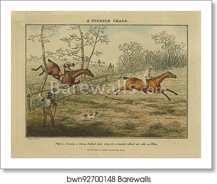 A Steeple Chase.  Plate 5,_ Covering a Strong Bullock fence down for a hundred without any odds on White by Henry Thomas Alken, Art Print