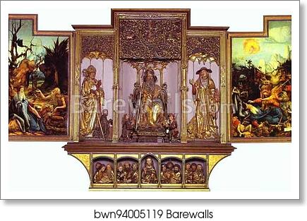 The second view of the altar. St Anthony Visiting St Paul the Hermit in the Desert (left), The Temptation of St. Anthony (right). Central part are carved figures of St. August, St. Anthony, St. Jerome; bottom part Jesus with 12 Apostles. Sculptures by Nic by Matthias Grünewald, Art Print