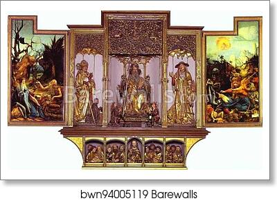 The second view of the altar. St Anthony Visiting St Paul the Hermit in the Desert (left), The Temptation of St. Anthony (right). Central part are carved figures of St. August, St. Anthony, St. Jerome; bottom part Jesus with 12 Apostles. Sculptures by Nic by Matthias Grünewald, Art Print The second view of the altar. St Anthony Visiting St Paul the Hermit in the Desert (left), The Temptation of St. Anthony (right). Central part are carved figures of St. August, St. Anthony, St. Jerome; bottom part Jesus with 12 Apostles. Sculptures by Nic by Matthias Grünewald, Art Print