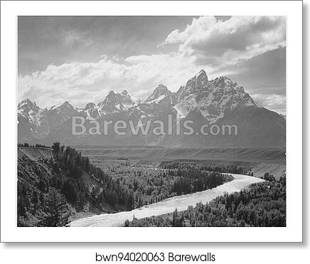 View from river valley towards snow covered mountains, river in foreground from left to right, "Grand Teton" National Park, Wyoming.  Photographs of National Parks and Monuments, compiled 1941 - 1942, documenting the period ca. 1933 - 1942 by Ansel Adams (1902-1984), Art Print