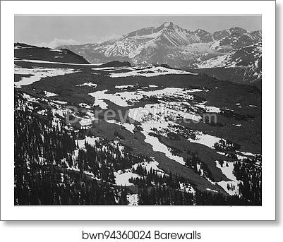 View of plateau, snow covered mountain in background, "Long's Peak, Rocky Mountain National Park," Colorado. Photographs of National Parks and Monuments, compiled 1941 - 1942, documenting the period ca. 1933 - 1942 by Ansel Adams (1902-1984), Art Print View of plateau, snow covered mountain in background, "Long's Peak, Rocky Mountain National Park," Colorado. Photographs of National Parks and Monuments, compiled 1941 - 1942, documenting the period ca. 1933 - 1942 by Ansel Adams (1902-1984), Art Print